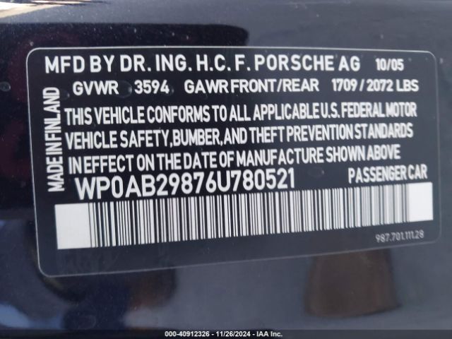 2006 PORSCHE CAYMAN S WP0AB29876U780521 Photo 8