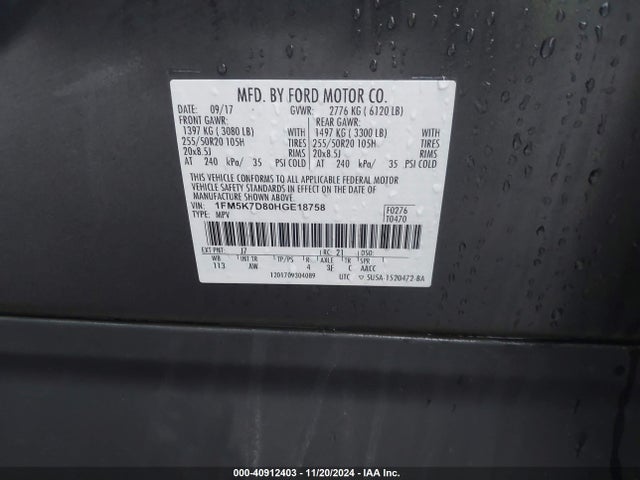 Ford EXPLORER XLT 2017 1FM5K7D80HGE18758 Image 9