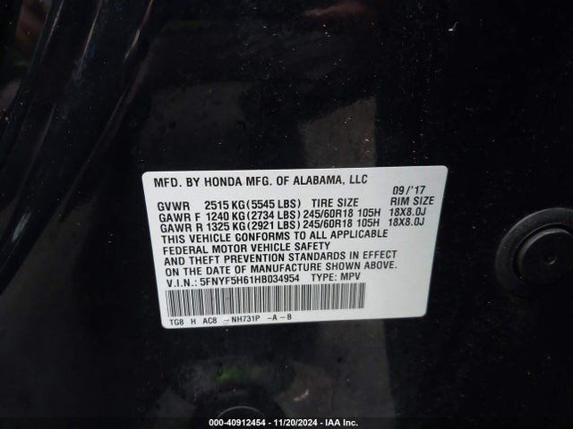 Honda Pilot Ex-l 2017 5FNYF5H61HB034954 Image 9