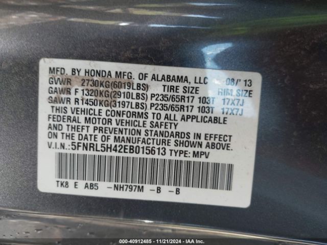 5FNRL5H42EB015613 Honda ODYSSEY EX