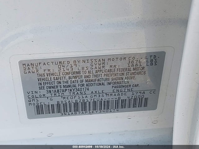 Nissan SENTRA S 2019 3N1AB7AP1KY340174 Image 9