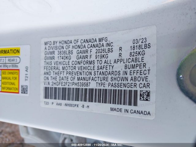 2HGFE2F21PH539587 Honda Civic Lx