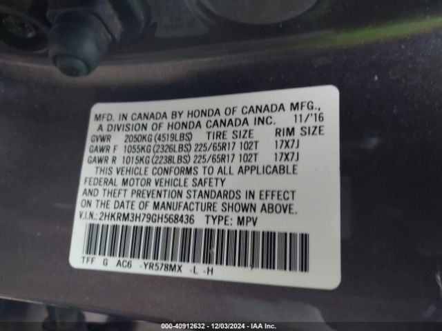 2HKRM3H79GH568436 Honda Cr-v Ex-l