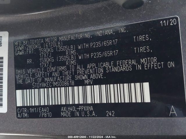 5TDYRKEC1MS008618 Toyota SIENNA XLE