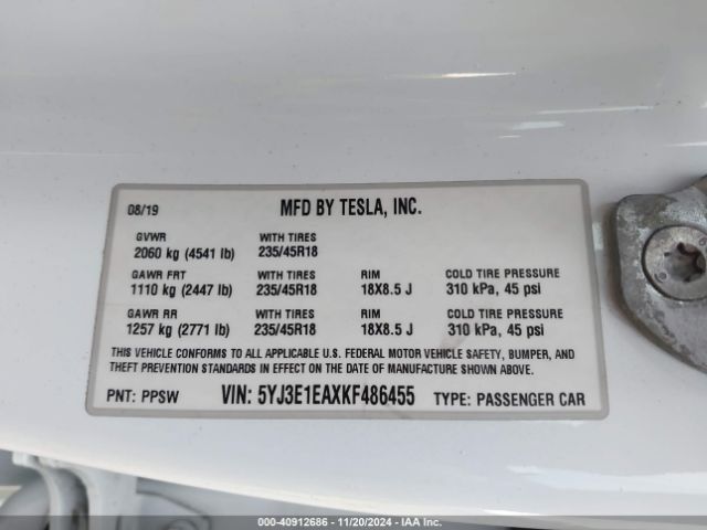 5YJ3E1EAXKF486455 Tesla Model 3 Long Range/mid Range/standard Range/standard Range Plus