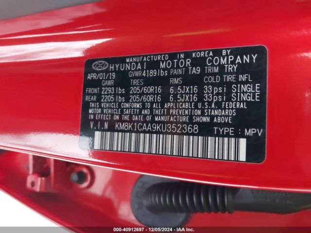 KM8K1CAA9KU352368 Hyundai Kona Se