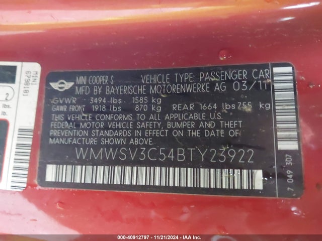 2011 MINI COOPER S WMWSV3C54BTY23922 Photo 8