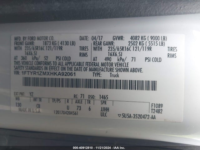Ford Transit-250 2017 1FTYR1ZMXHKA92061 Image 9