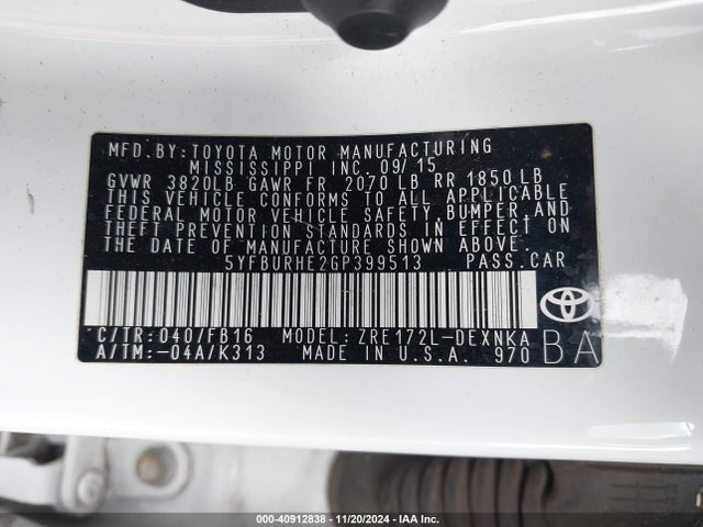 Toyota COROLLA LE 2016 5YFBURHE2GP399513 Image 9