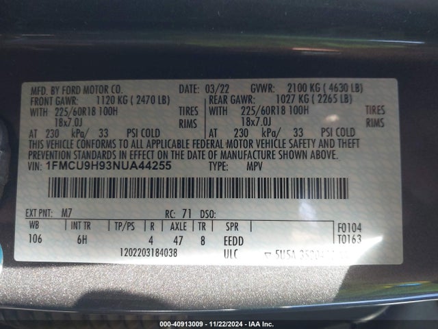 Ford ESCAPE SEL 2022 1FMCU9H93NUA44255 Image 9