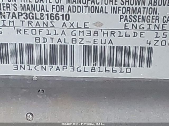3N1CN7AP3GL816610 Nissan Versa 1.6 Sv
