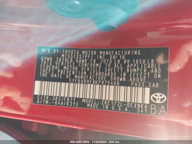 5YFBURHE8KP876406 Toyota COROLLA LE