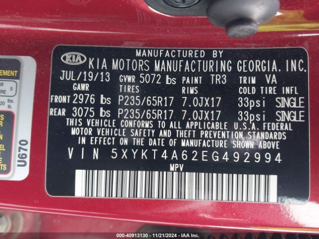 5XYKT4A62EG492994 KIA SORENTO LX
