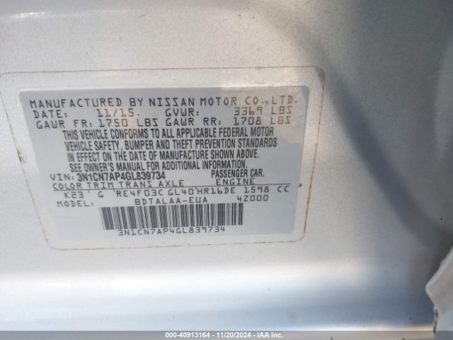 3N1CN7AP4GL839734 Nissan Versa 1.6 S