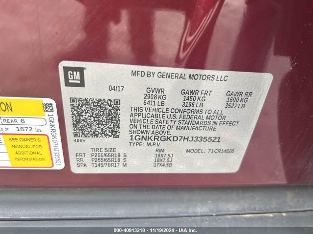 1GNKRGKD7HJ335521 Chevrolet Traverse 1lt