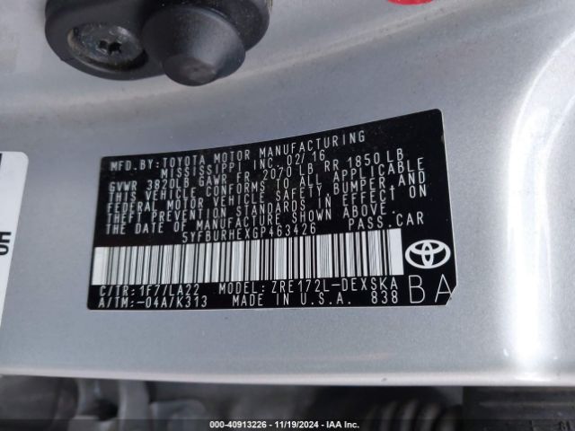 5YFBURHEXGP463426 Toyota Corolla S Premium