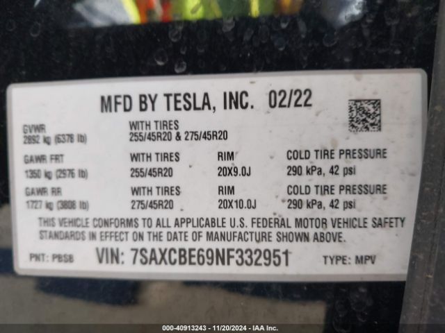 7SAXCBE69NF332951 Tesla Model X Plaid Tri Motor All-wheel Drive