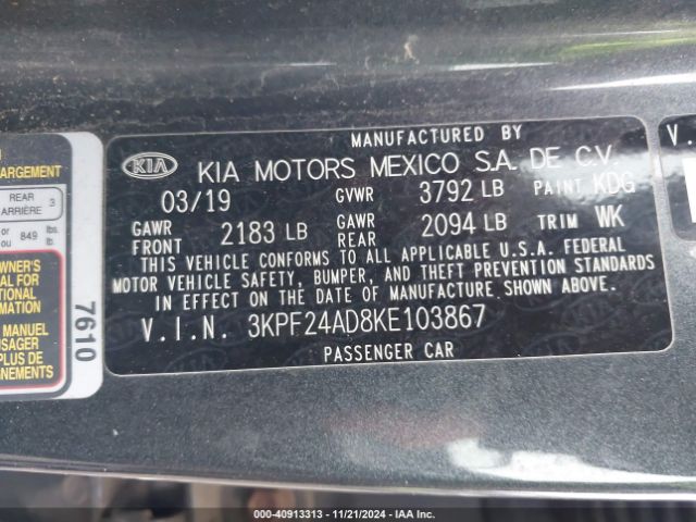 3KPF24AD8KE103867 KIA Forte Lxs