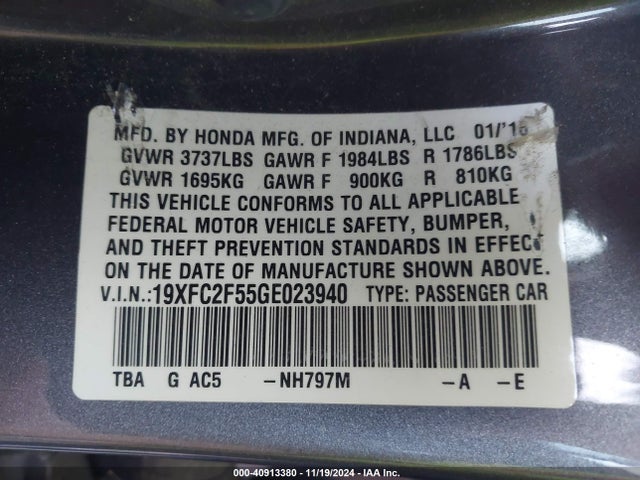 Honda Civic Lx 2016 19XFC2F55GE023940 Image 9