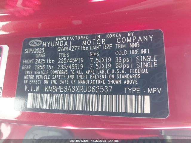 KM8HE3A3XRU062537 Hyundai Kona Limited