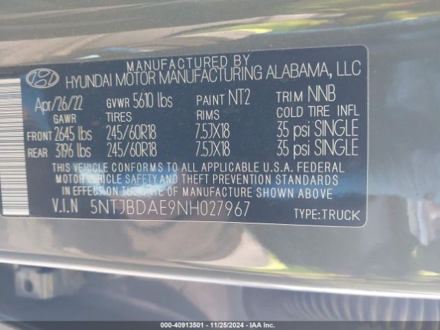5NTJBDAE9NH027967 Hyundai Santa Cruz Sel