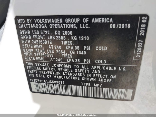 1V2DR2CA1JC589632 Volkswagen Atlas 3.6l V6 Se/3.6l V6 Se W/technology