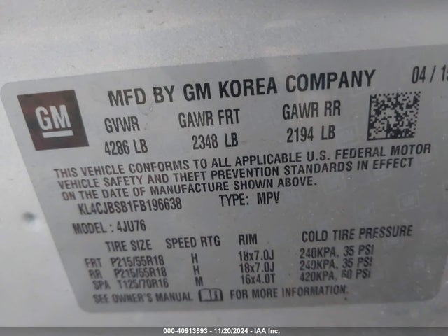 KL4CJBSB1FB196638 Buick Encore Convenience
