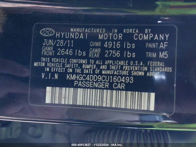 Aukcja sprzedaży 2012 Hyundai Genesis 3.8, vin: KMHGC4DD9CU160493, numer aukcji: 40913627