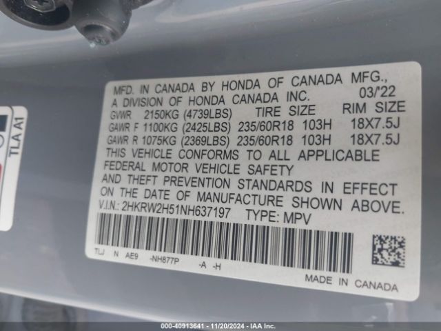 2HKRW2H51NH637197 Honda Cr-v Awd Ex