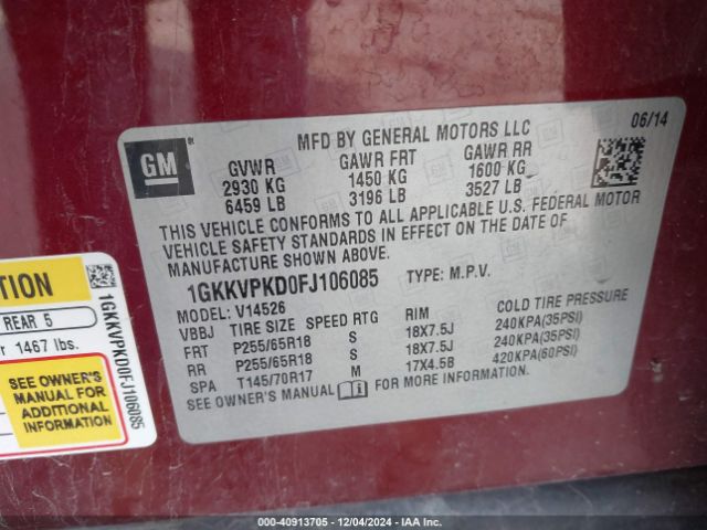 1GKKVPKD0FJ106085 GMC Acadia Sle-2