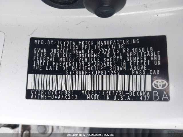 Toyota COROLLA LE 2018 5YFBURHEXJP841252 Image 9