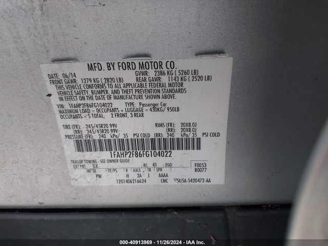 Ford Taurus Limited 2015 1FAHP2F86FG104022 Image 9