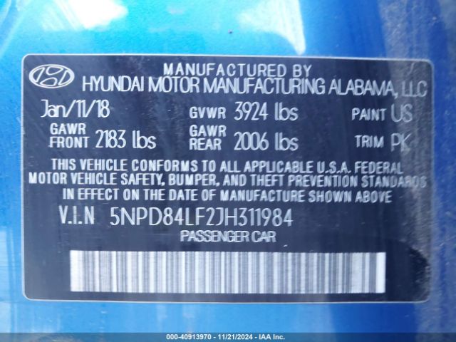 5NPD84LF2JH311984 Hyundai ELANTRA SEL