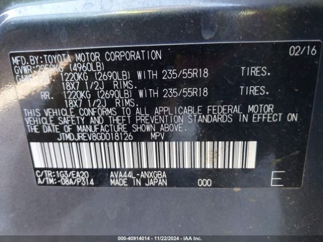 JTMDJREV8GD018126 Toyota Rav4 Hybrid Limited
