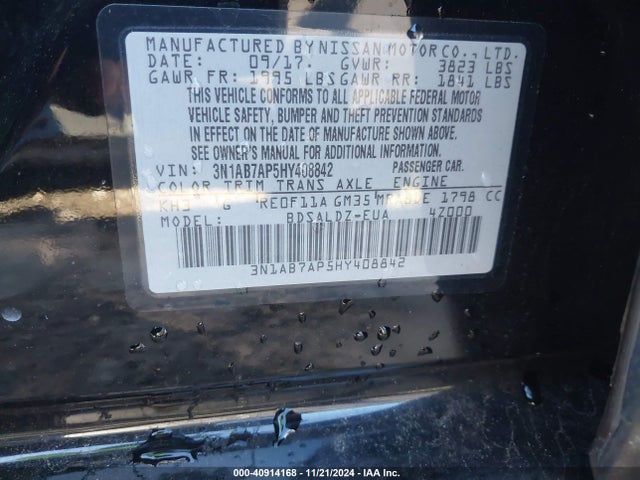 Nissan SENTRA SV 2017 3N1AB7AP5HY408842 Image 9