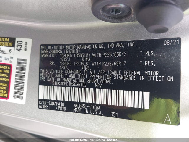 5TDKSKFC1MS036492 Toyota SIENNA LE
