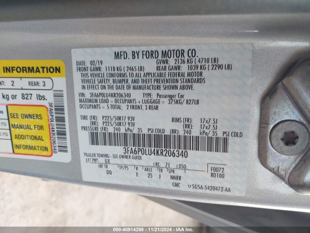 Ford Fusion Hybrid Se 2019 3FA6P0LU4KR206340 Image 9