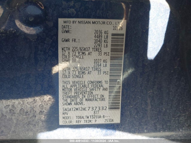 Nissan ROGUE SV 2017 5N1AT2MT2HC737332 Image 9