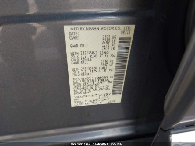 5N1AZ2MHXFN258457 Nissan Murano Platinum