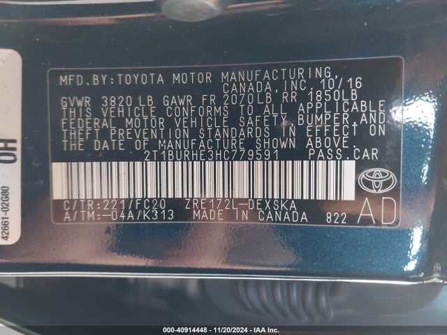 Toyota COROLLA SE 2017 2T1BURHE3HC779591 Image 9