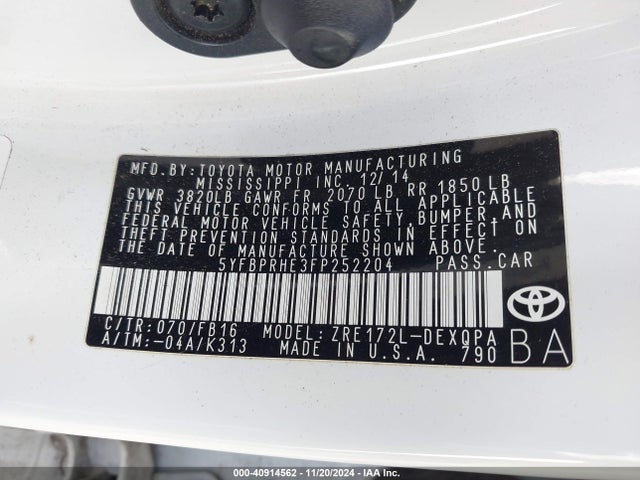Toyota Corolla Le Eco 2015 5YFBPRHE3FP252204 Image 9