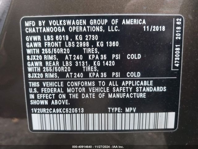 1V2UR2CA9KC520513 Volkswagen Atlas 3.6l V6 Se W/technology