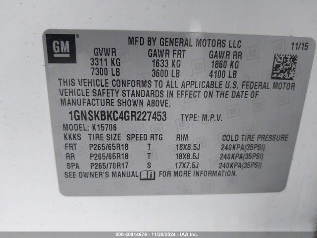 Chevrolet Tahoe Lt 2016 1GNSKBKC4GR227453 Image 9