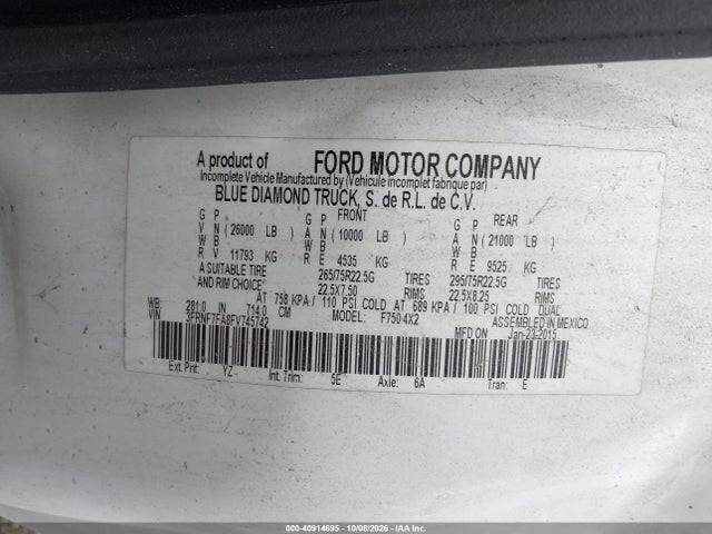 Продаж на аукціоні авто 2015 Ford F-750 Xl/xlt, vin: 3FRNF7FA8FV745742, номер лоту: 40914695