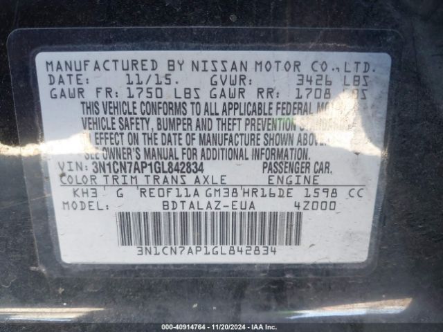 3N1CN7AP1GL842834 Nissan Versa 1.6 S+