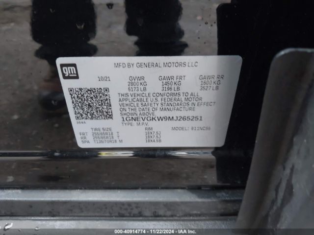 1GNEVGKW9MJ265251 Chevrolet Traverse Awd Lt Cloth