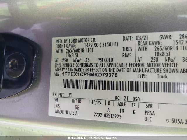 Ford F-150 Xl 2021 1FTEX1CP9MKD79378 Image 8
