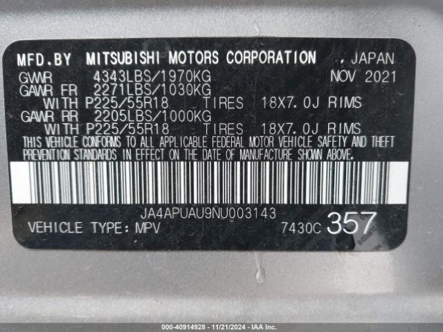 JA4APUAU9NU003143 Mitsubishi Outlander Sport 2.0 Le 2wd