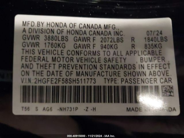 2HGFE2F58SH511773 Honda Civic Sport