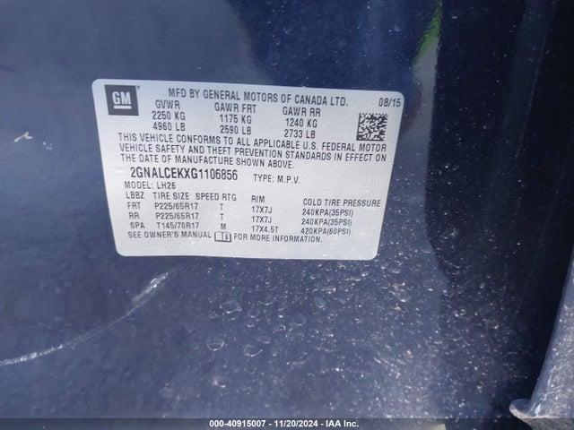 Chevrolet EQUINOX LT 2016 2GNALCEKXG1106856 Image 9